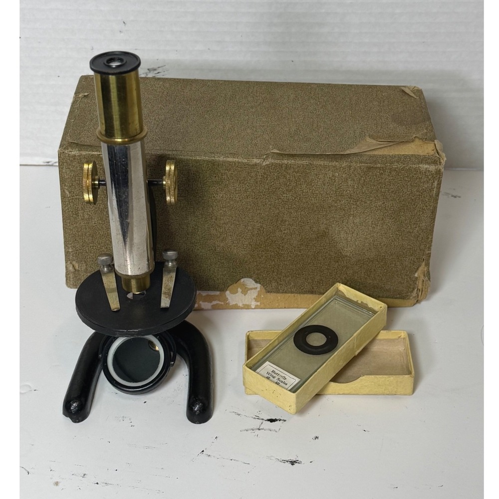 Vintage Brass and Steel Compound Microscope with Original Box and Slides Japan